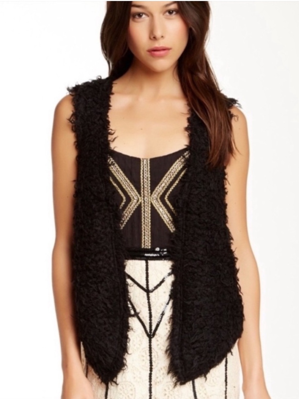 Free People Fur Away Wool Blend Shag Vest Whimsigoth Black Medium